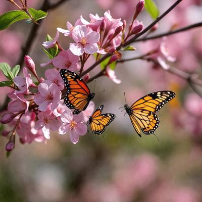 The primary subject of the image is a pair of butterflies perched on a branch of a tree. The setting is a natural environment, with the tree being the main object in the scene. The visual style is a photo, capturing the beauty of the butterflies and their surroundings. The colors and mood of the image are predominantly pink, which adds a sense of warmth and tranquility to the scene.